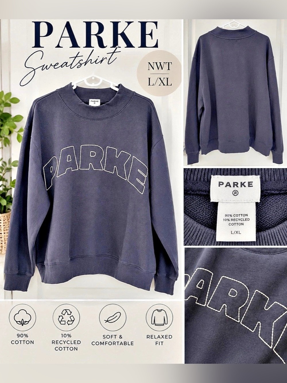 NWT PARKE Coastal Varsity Mockneck – Navy Sweatshirt Black L/XL